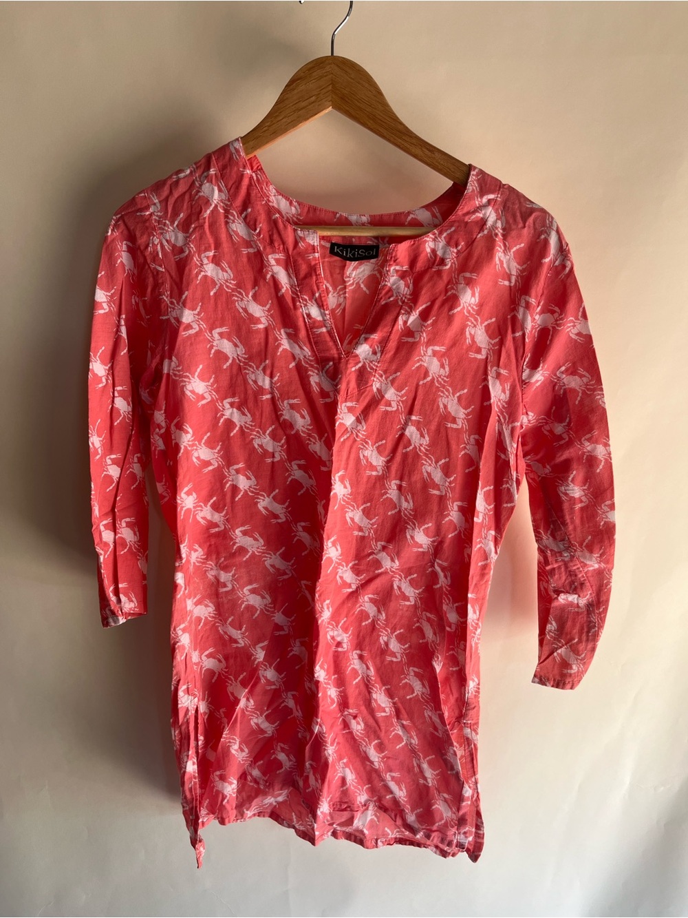 KikiSol Tunic Top Blouse Swimsuit Coverup Sz Sm Pink White EUC 100% Cotton